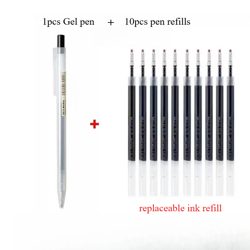 Muji Stationery Gel Pen - 10本入りプレスペンリフィルと1本入りジェルペンMUJI風ジェルペンセット、学生試験、オフィス、日本ビジネス、筆記用具に最適