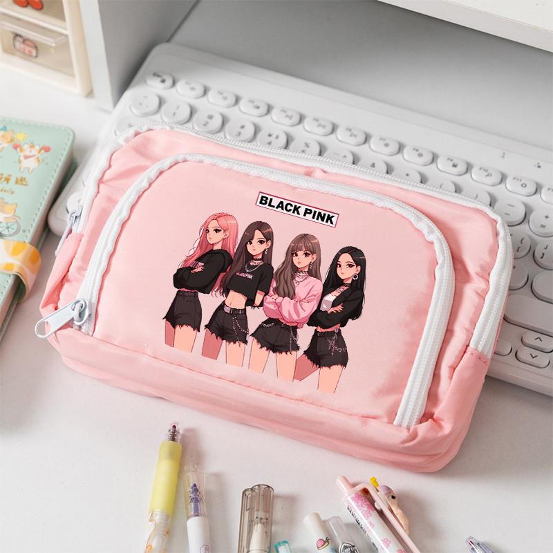 Pencil Case Large - ブラックピンク大容量キャンバス鉛筆ケース学生用 Kpop BP 漫画プリントペンバッグファッション文具収納ポーチギフト