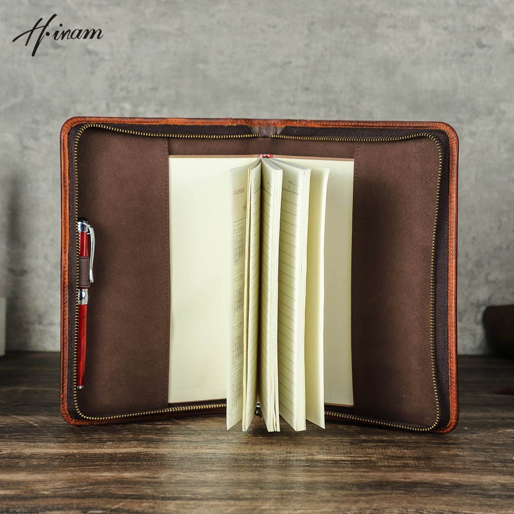 Journal Leather Hardcover - レトロ本革ジッパークラッチ A5 ブックカバージャーナルオフィス日記トラベルノートブックカバーケースプロテクタースリーブ学校用