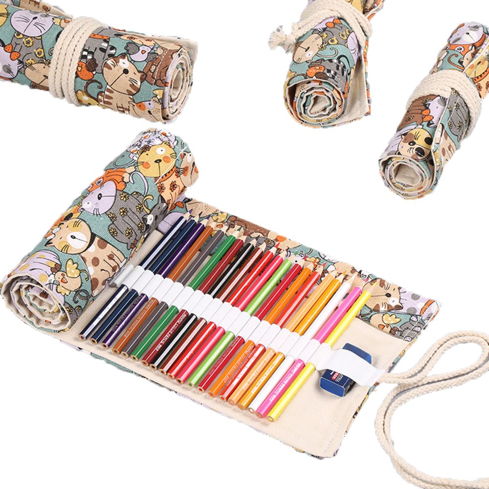 漫画の男の子と女の子のロールスクール用品キャンバス大容量文房 - Pen Pouch Roll のレビューと価格